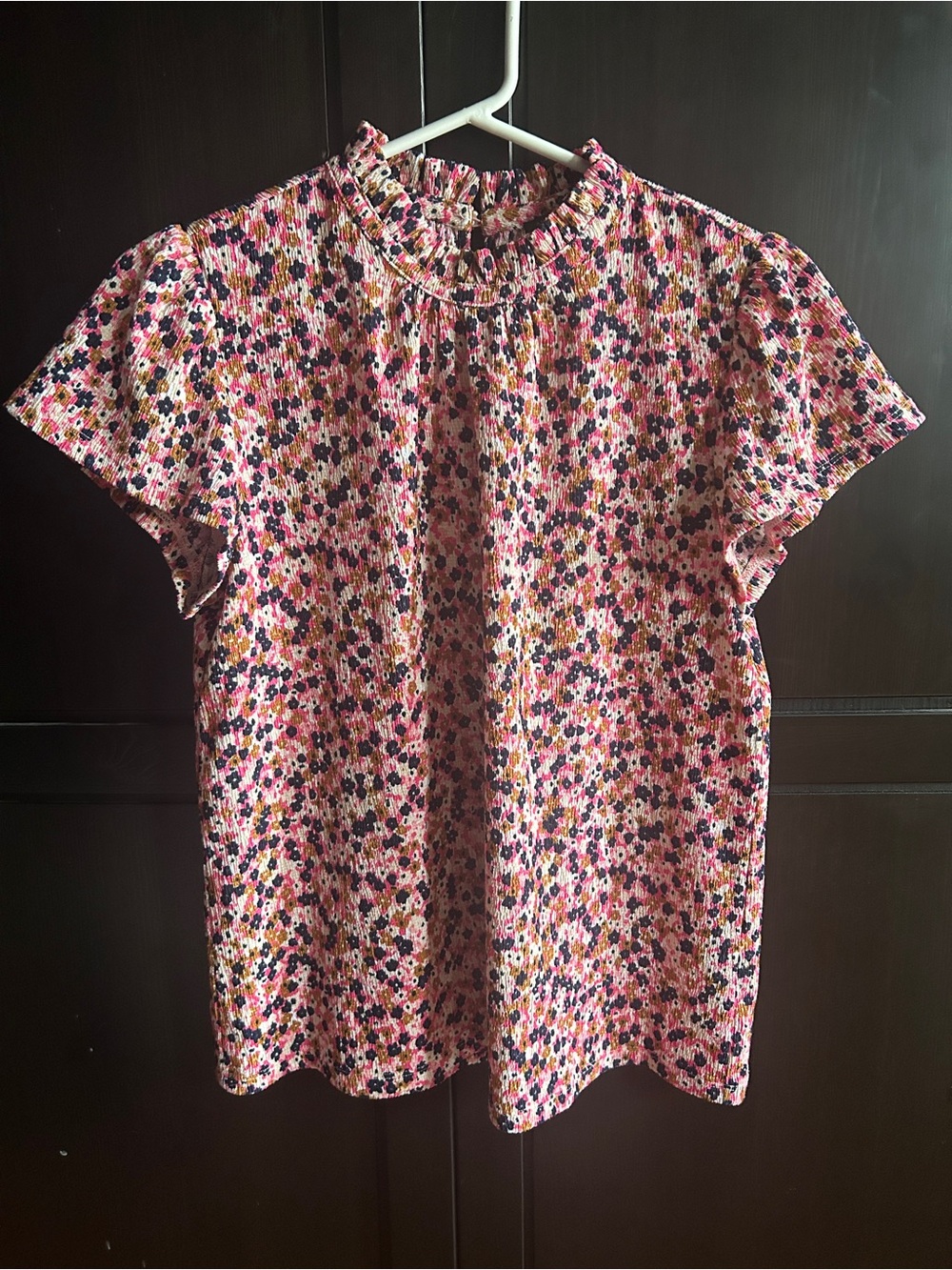 Floral Short Sleeve Ruffle Neck Top